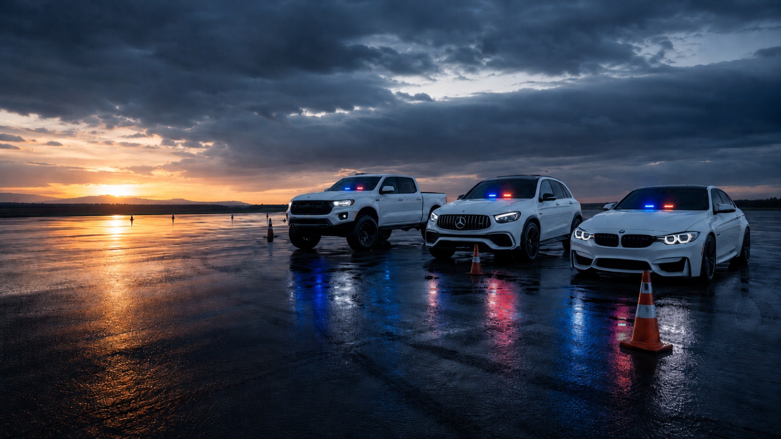 Training vehicles on a wet track at dusk